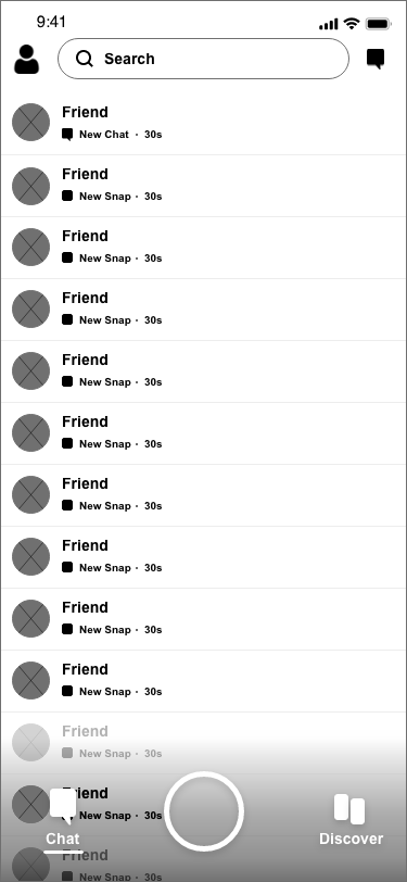 Wireframe of Snapchat chat page.