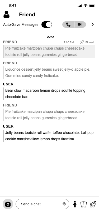 Wireframe of Snapchat open chat conversation and pinned message.