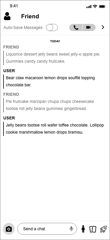 Wireframe of Snapchat open chat conversation.