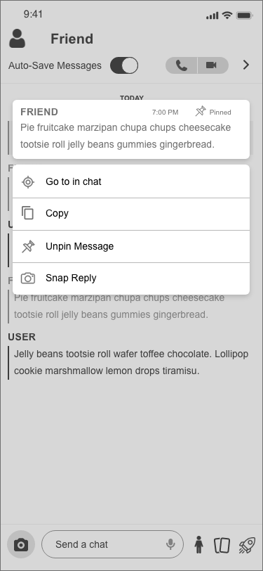 Wireframe of Snapchat open chat conversation and pinned message options.