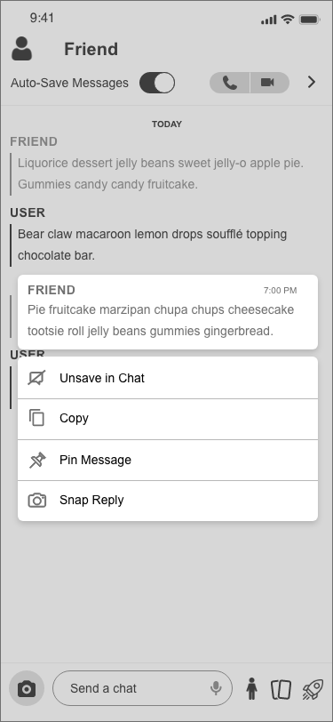 Wireframe of Snapchat open chat conversation and message options.