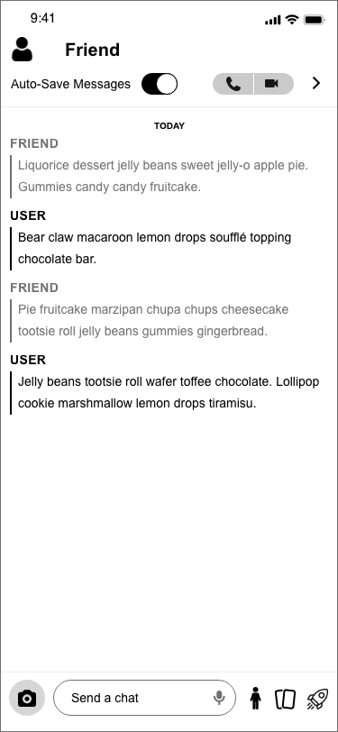 Wireframe of Snapchat chat auto save toggled on.