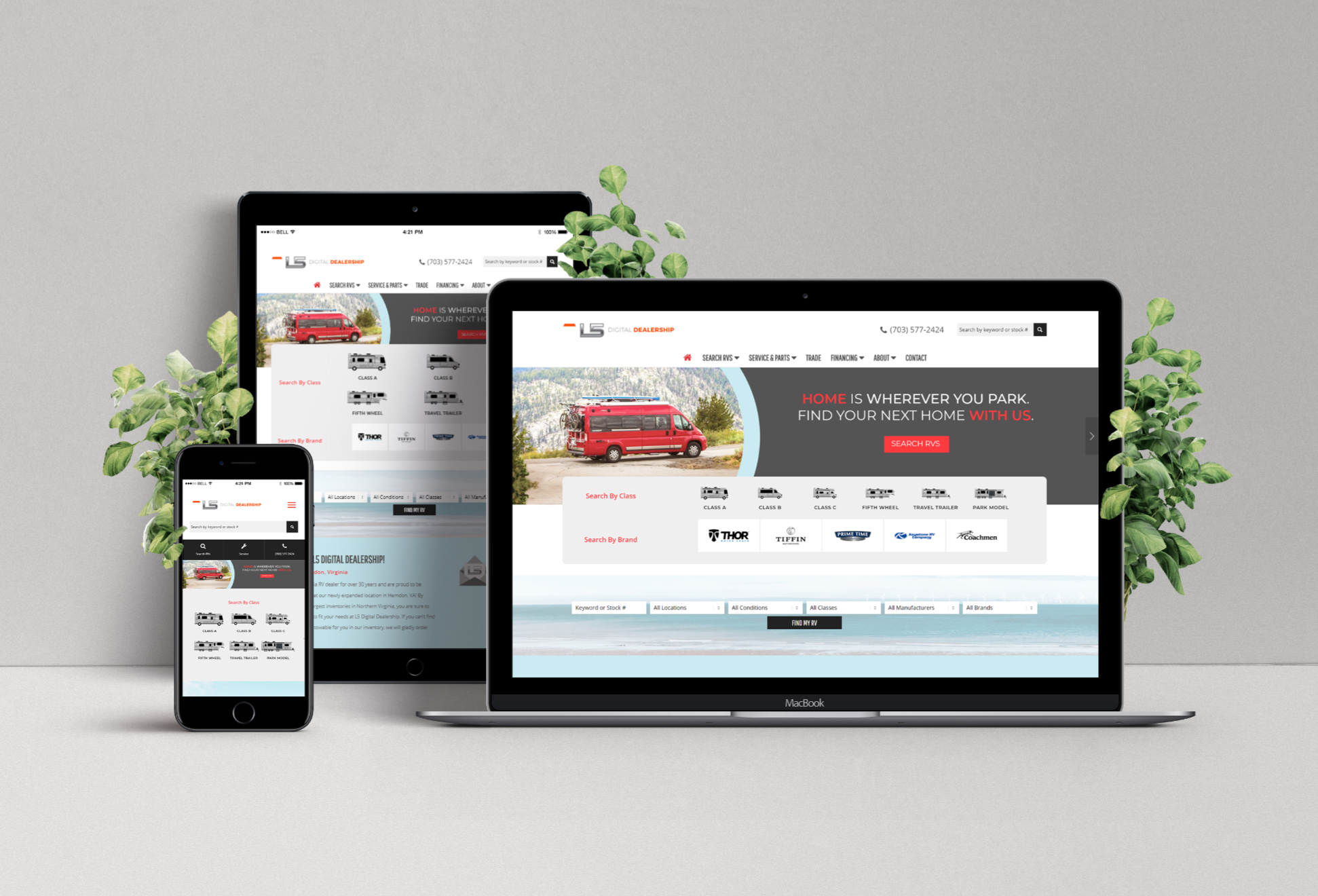 RV website pictured on a laptop, tablet, and mobile phone.
