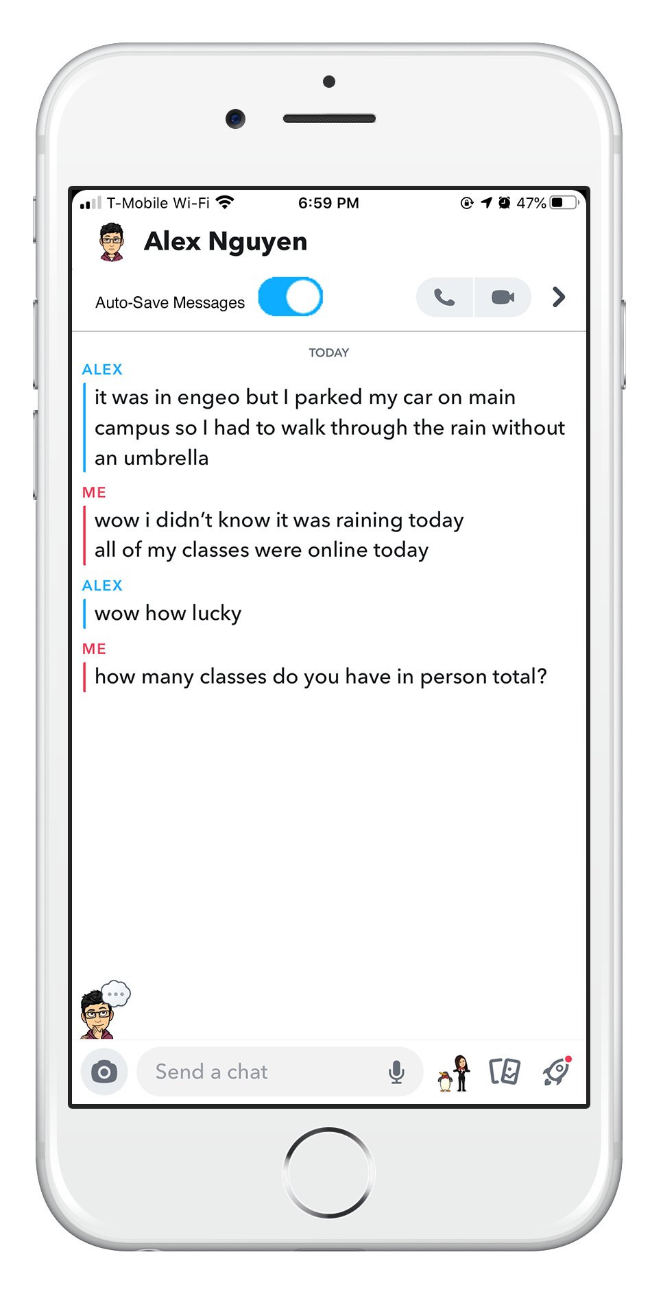Wireframe of Snapchat chat page.