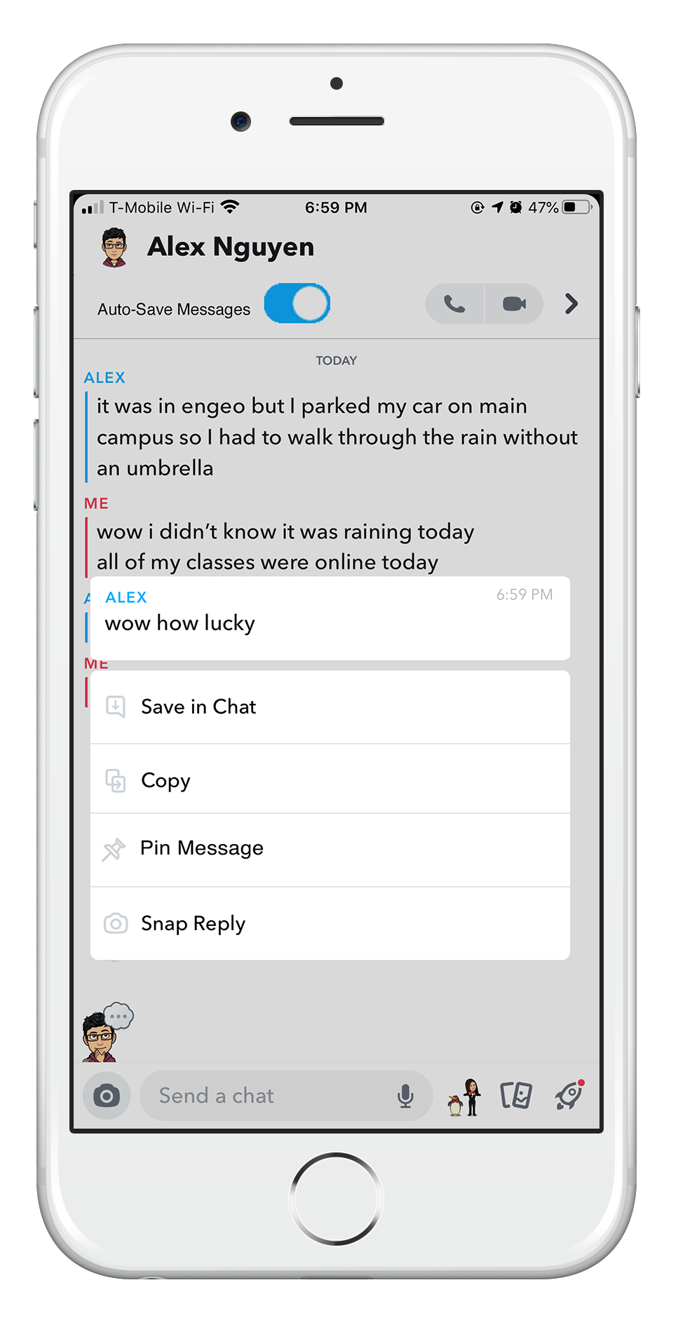 Wireframe of Snapchat open chat conversation.