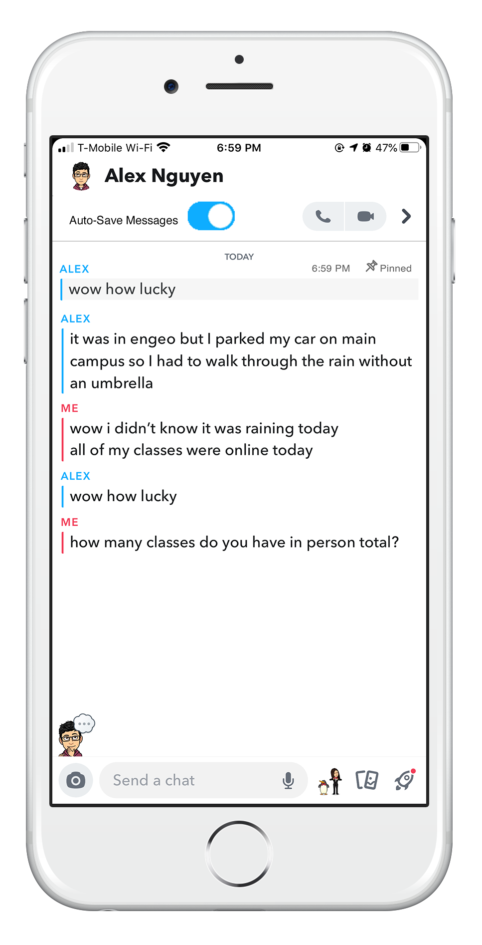 Wireframe of Snapchat chat auto save toggled on.