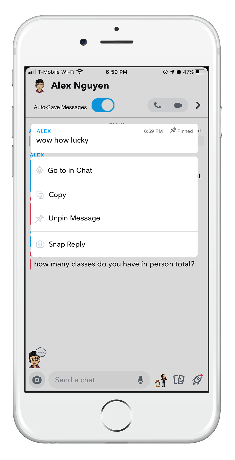 Wireframe of Snapchat open chat conversation and message options.