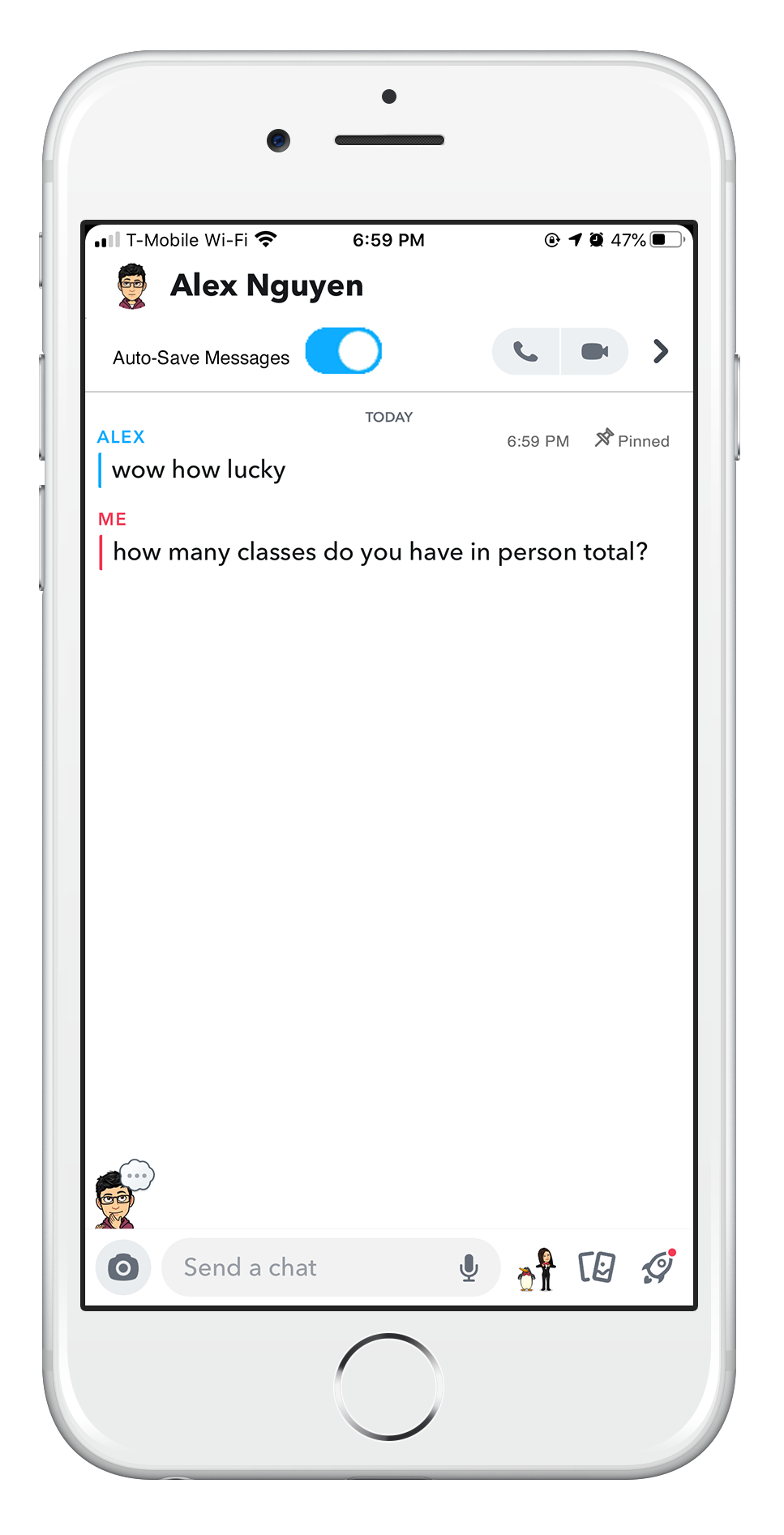 Wireframe of Snapchat open chat conversation and pinned message.