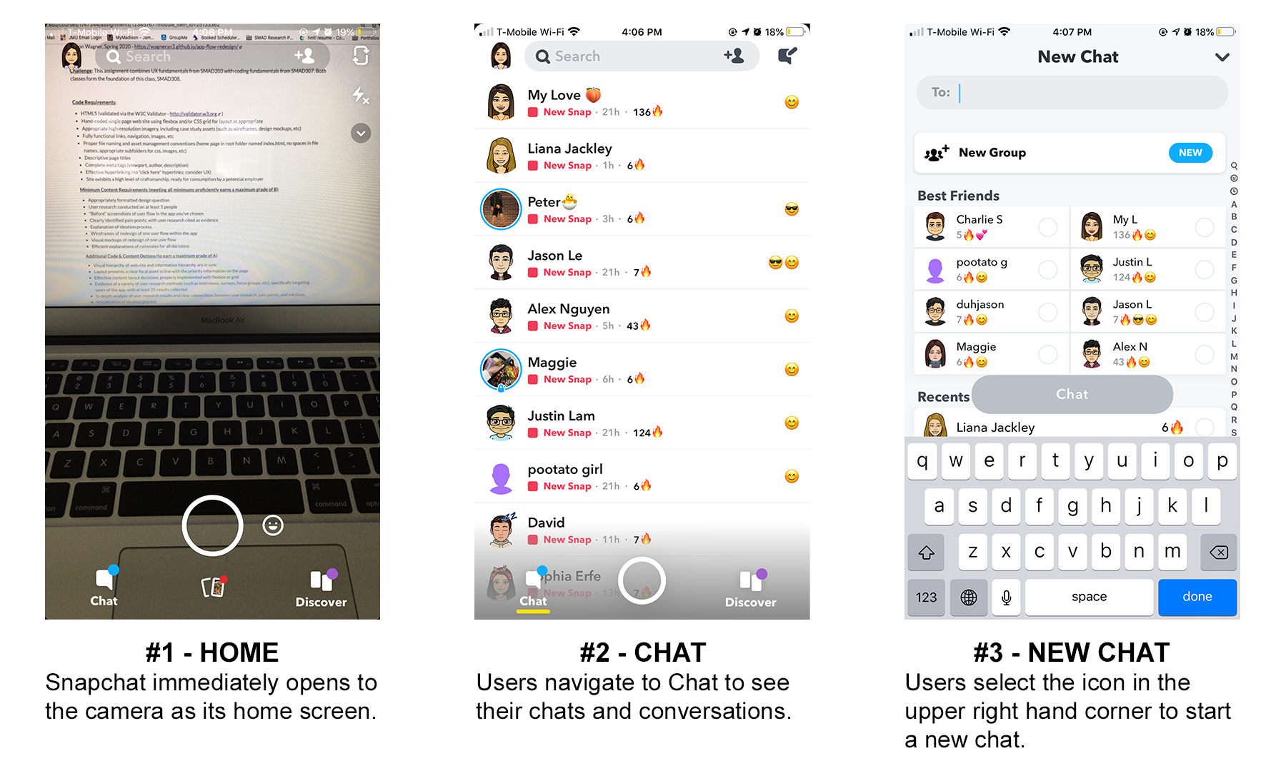 User flow of Snapchat text chat feature.