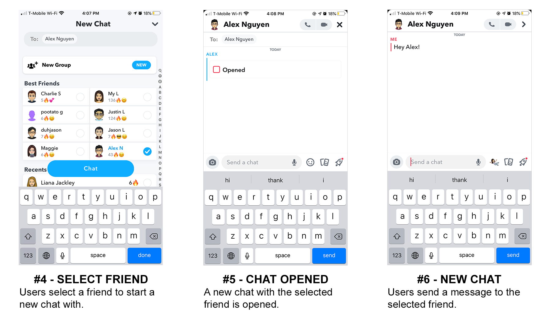 User flow of Snapchat text chat feature.