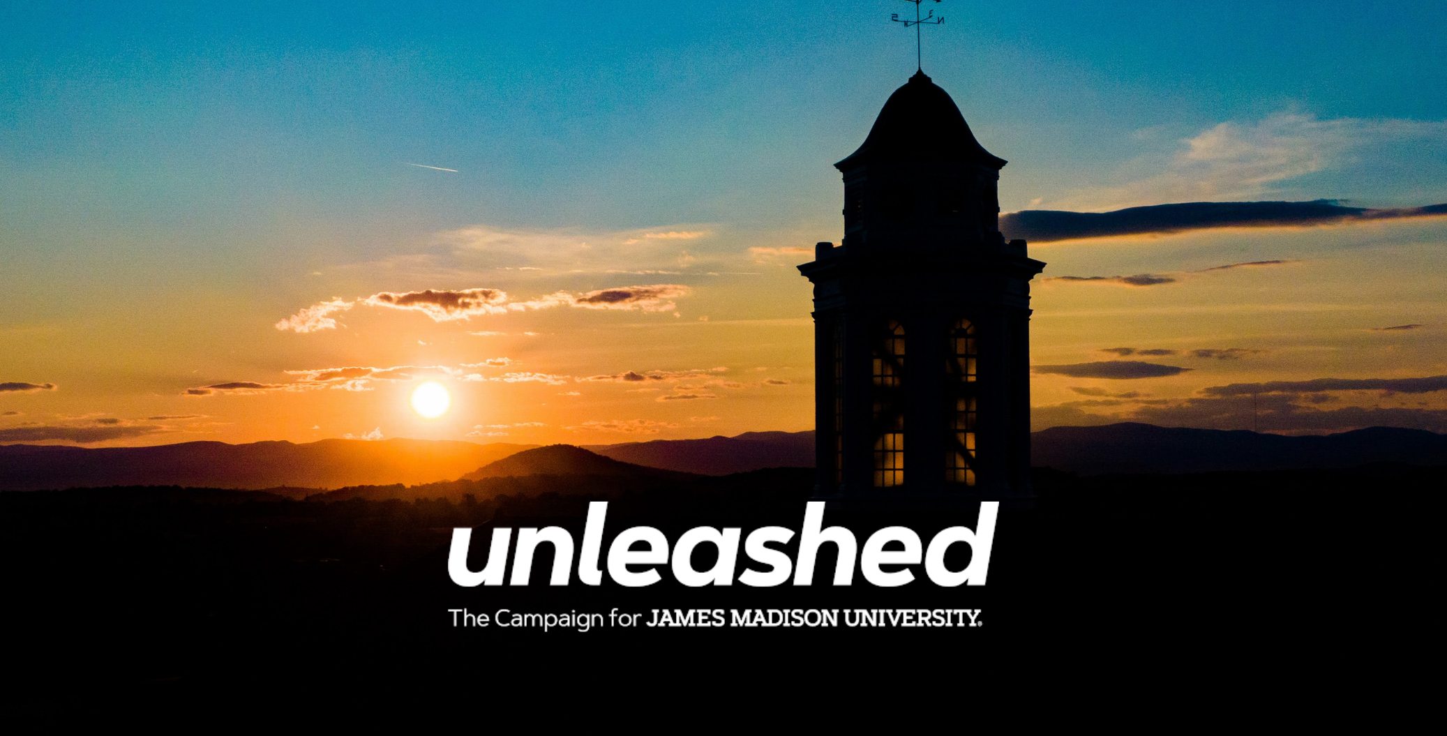 Aerial sunset shot at James Madison University, featuring the JMU Unleashed logo.