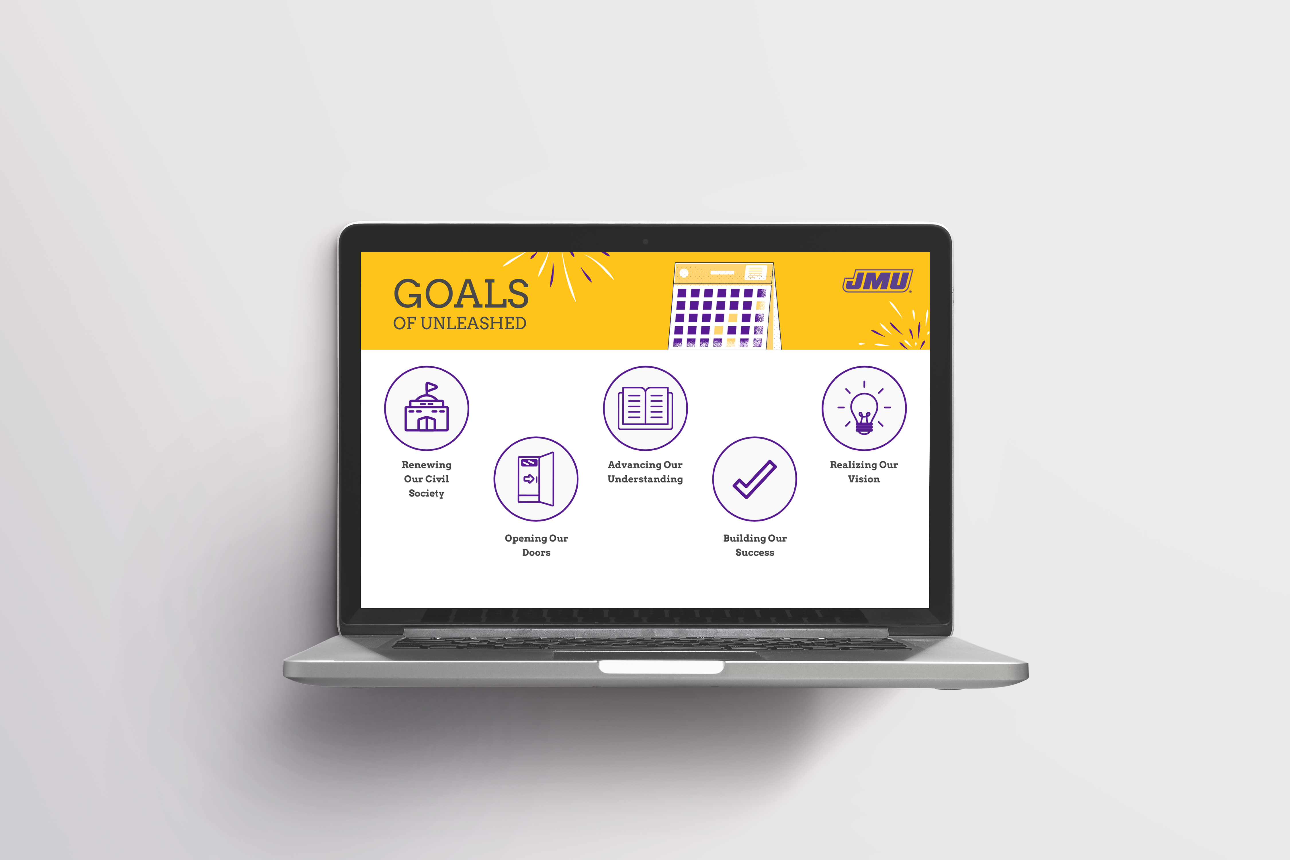 A slide from the JMU Donation Outreach Strategy product, which is a presentation for potential JMU donors. Mockup credits go to customscene on freepik.